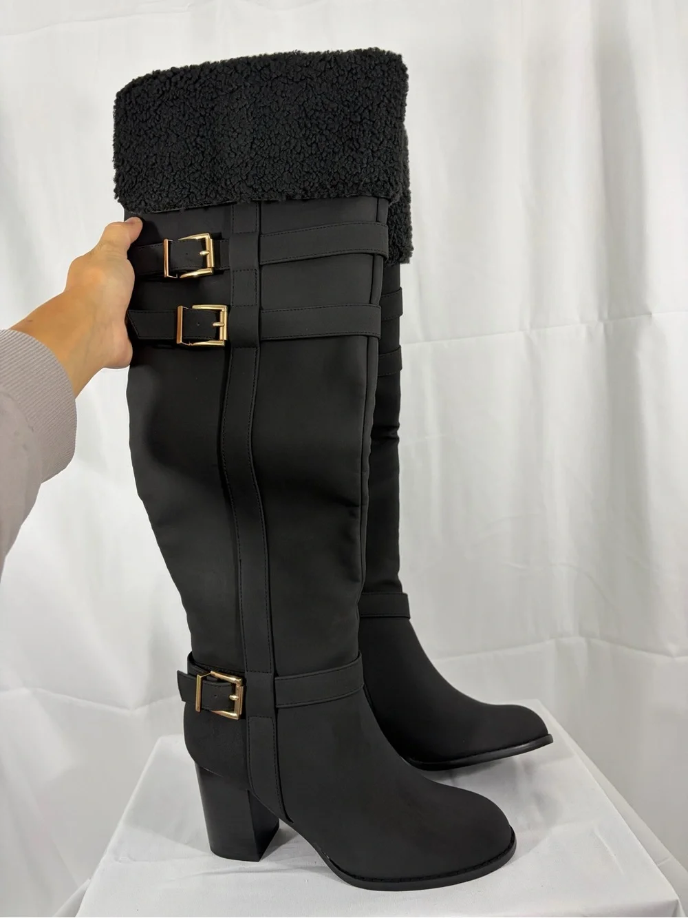 NWT Journee Women's Size 7 Tall Buckle Boots with Faux Shearling Cuff